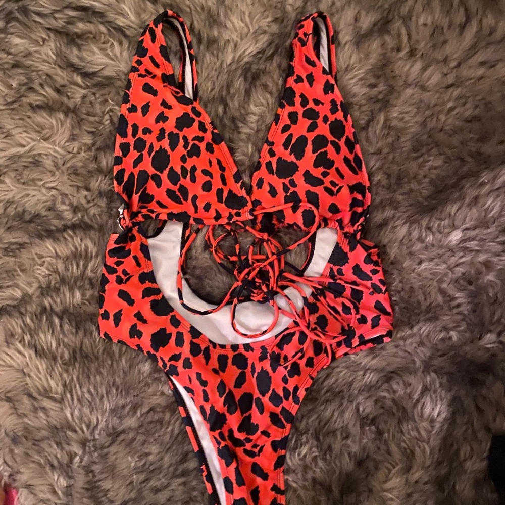 Red leopard print wrap around one piece